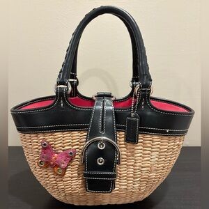 COACH Butterfly Straw Weave Black and Pink Leather Handbag Purse